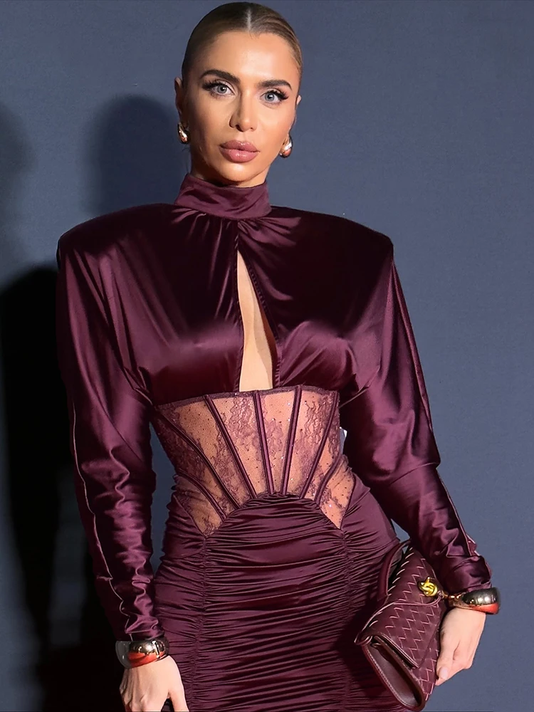 VC Elegant Burgundy Satin Mini Dress with Lace Corset Detail Long Sleeve High Neck Ruched Party Dress for Evening Events & Prom