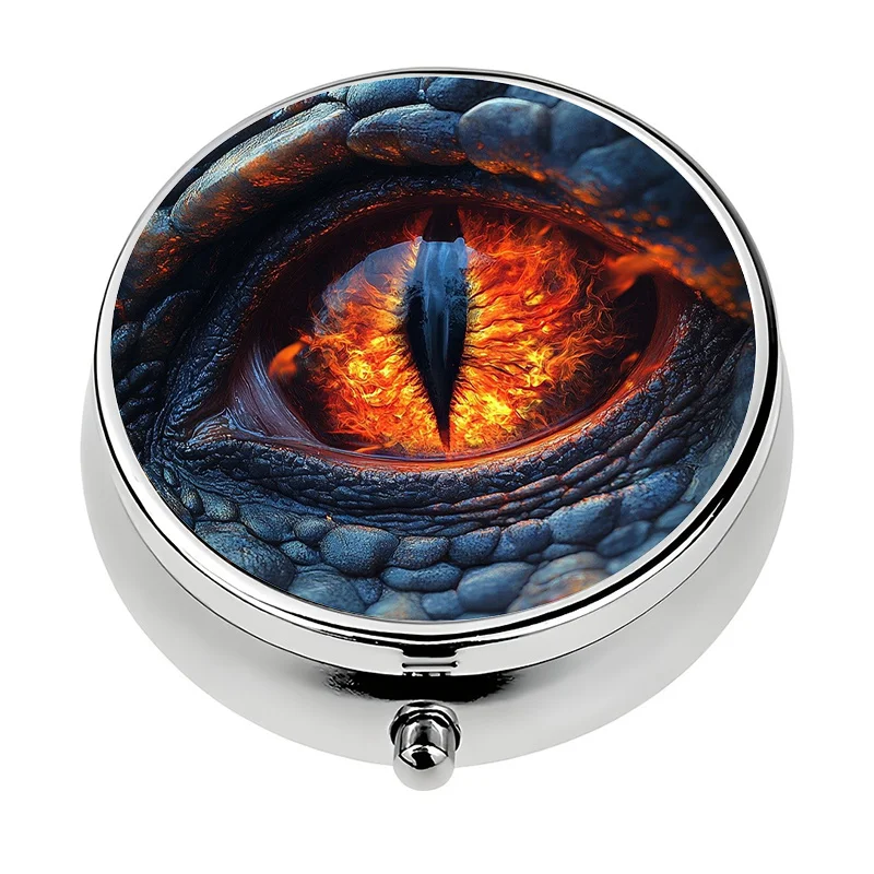 1 Metal Dragon Eye Pill Box - 3-Compartment Portable Medicine Box with Dragon Scale and Glowing Eye Design (Red and Gold), Compact Wallet-Friendly Travel Storage Box for Vitamins, Capsules, Pills - Fantasy Theme Accessory