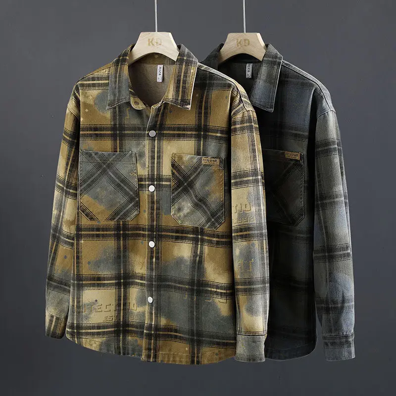 Camisa casual de mangas compridas masculina de alta qualidade padrão de grade jaqueta jeans 2025 primavera outono nova chegada camisas de moda masculina