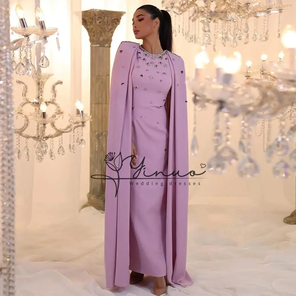 Fashion Lilac Prom Dress with Cape Luxury Stones Crystal Round Neck Straight Party Gown Ankle Length Saudi Arab Evening Dresses