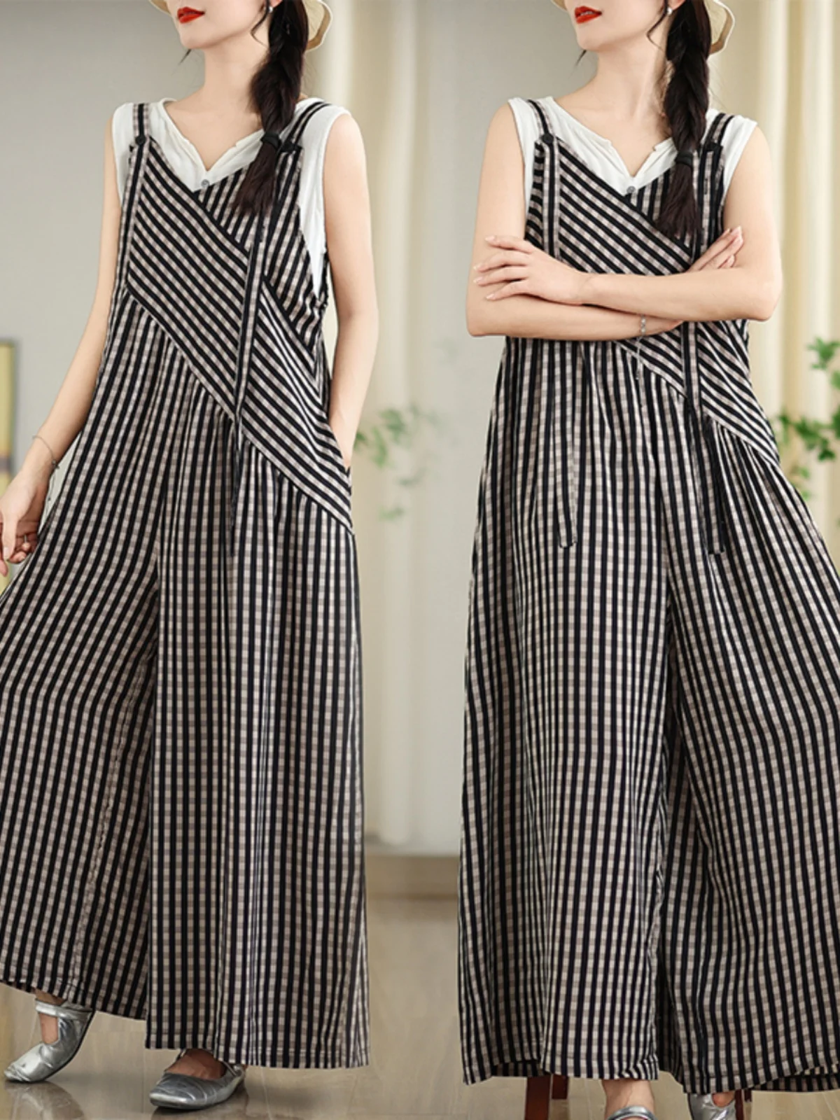 بدلة صيفية واسعة الأرجل من القطن والكتان للنساء، بدون أكمام، برقبة على شكل V، بنطلون عالي الخصر، أنيق وعصري للاستخدام اليومي.