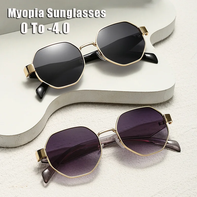 New Polygonal Metal Sunglasses with Minus Diopter Eyeglasses Women's INS Style Street Style Vintage UV-Protective Myopia Glasses