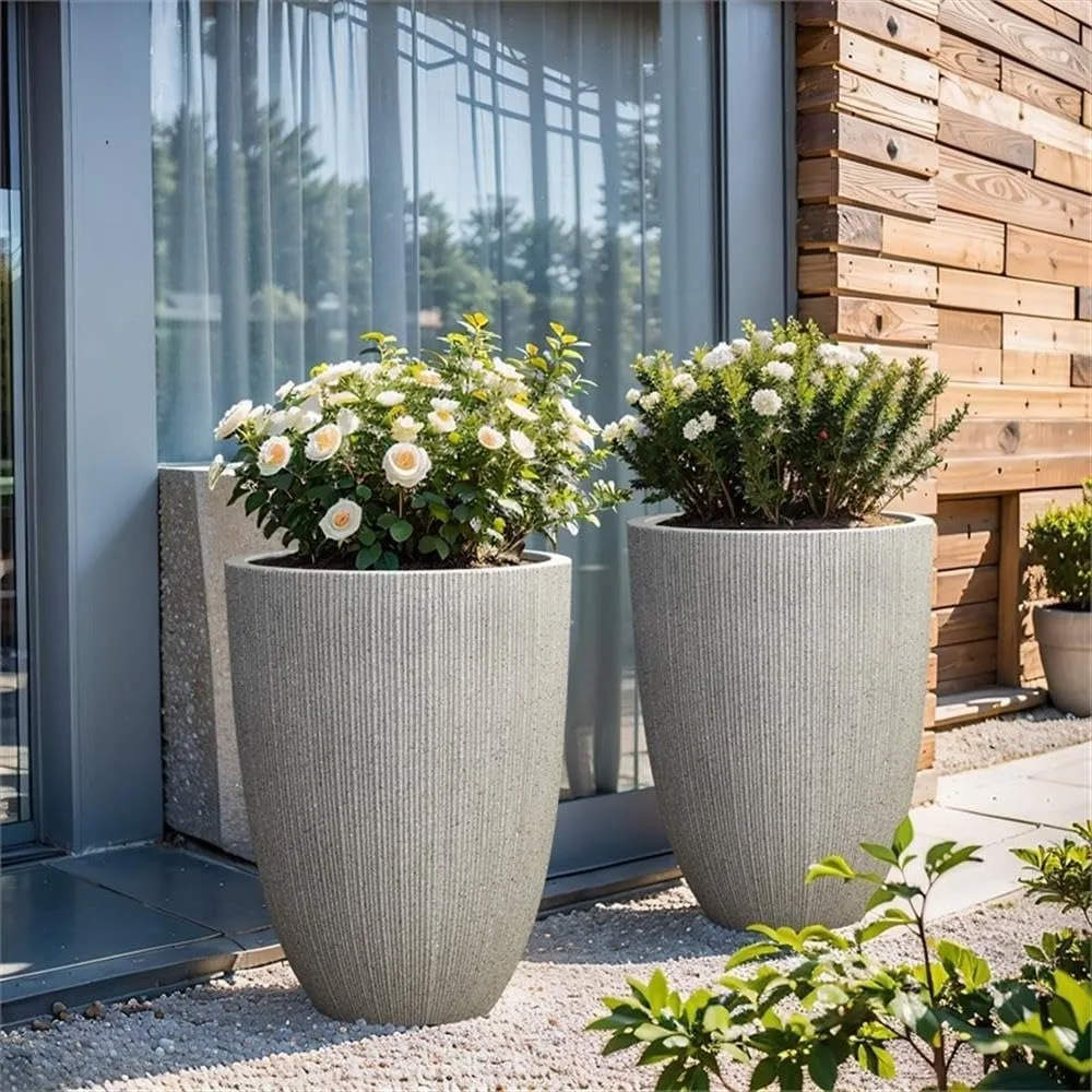 

Set of 2 Tall Planters, 19" H Large Indoor Outdoor Plant Pots with Drainage Holes, Modern Striped Tapered Planter Pots