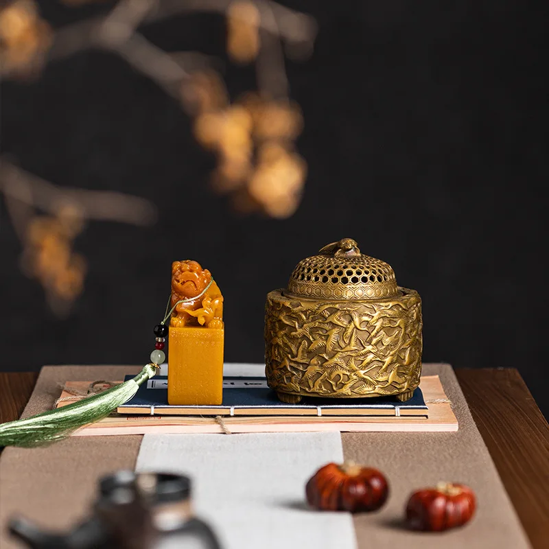 HYS new Chinese style medieval style pure copper Qianhe incense burner ornament study tea room zen desktop high-end soft
