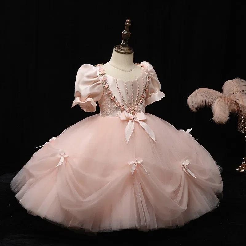 Vintage Boutique Party Dress for Girls Infants Beading Flowers Tulle Ball Gown Kids Design Princess Pink Bridesmaid Dresses