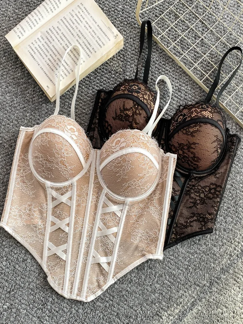 

Foamlina European Fashion Floral Lace Bustier Bra Top Women Summer Sexy Push Up Corset Fishbone Skinny Crop Camisole Tank Tops