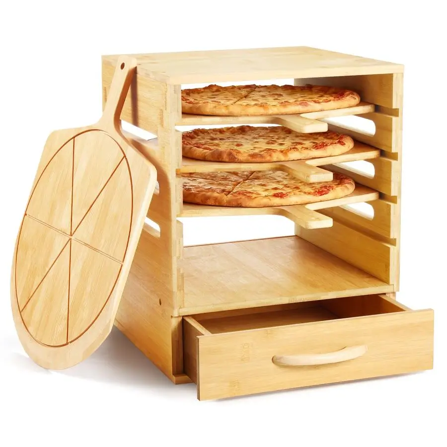 

Pizza Peel Rack with Spice Drawer,Includes 4 x 12 Inch NonStick Bamboo Pizza Boards with 6 Slice Grooves,Real Wood Pizza Paddle