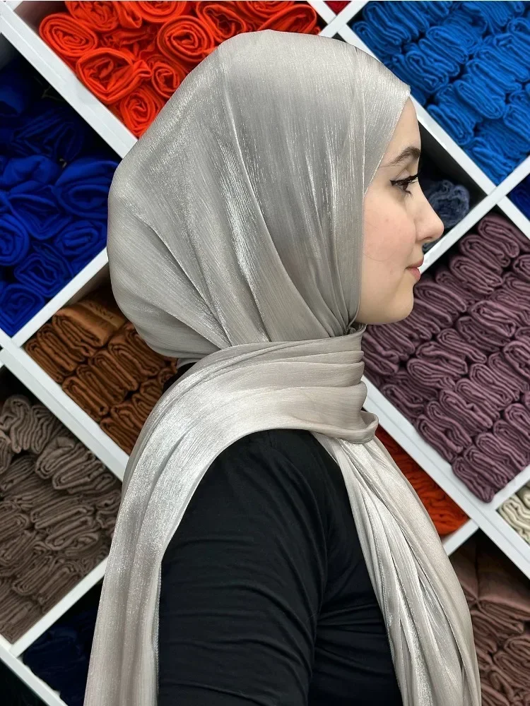 Leve liso cintilante chiffon crepe crinkle xale malásia cor sólida glitter brilhante shimmer hijab cachecol feminino