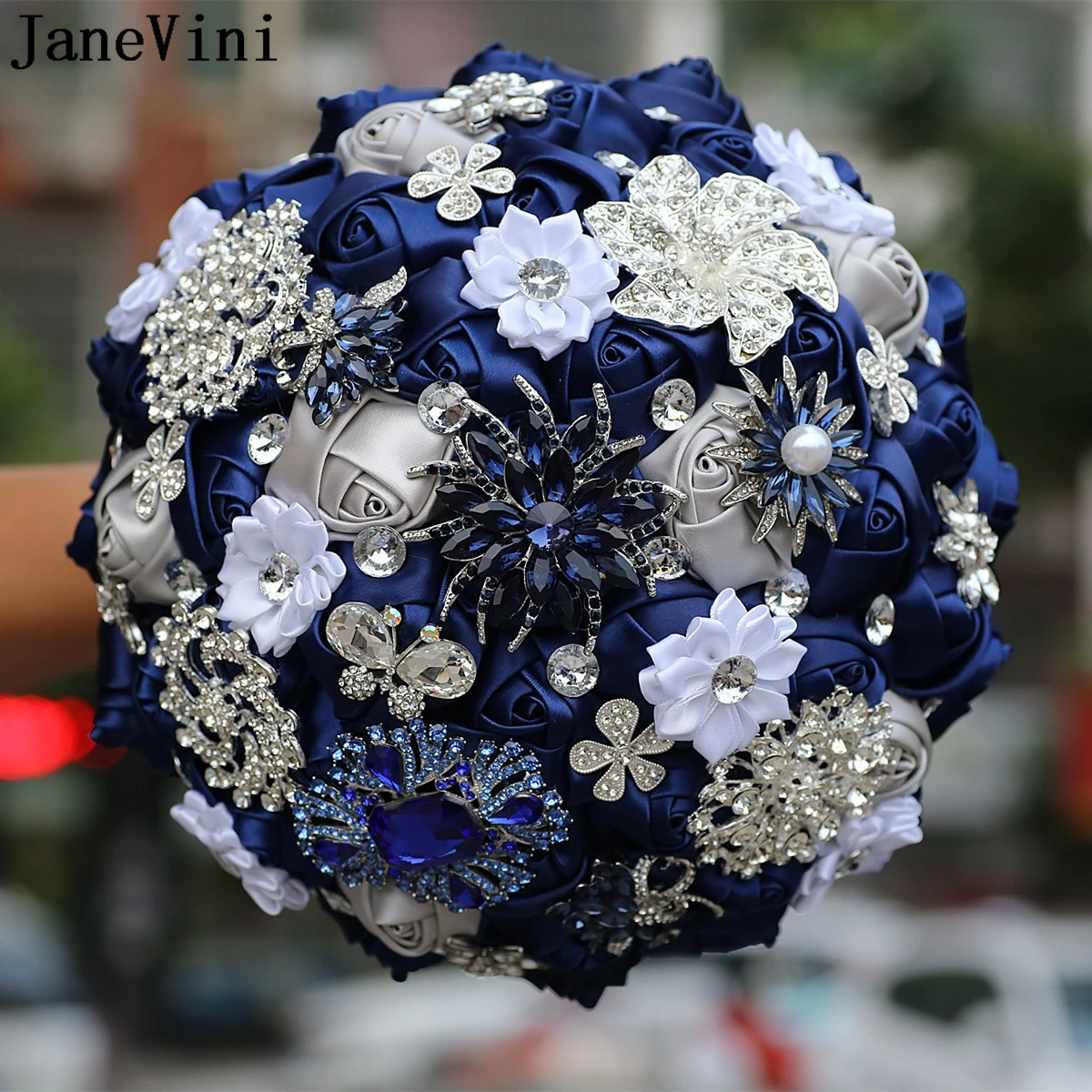 

JaneVini 2023 Navy Blue Wedding Bouquet for Bride Luxury Crystal Rhinestones Bridal Flower Bouquet Ribbon Wedding Jewelry ślub