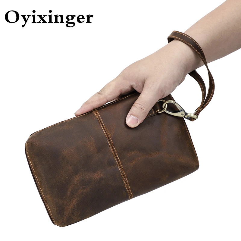 OYIXINGER Vintage Men Wrist Clutch Bag RFID Anti-theft Wallets Mens Genuine Leather Wallet Credit Cards For Man Phone Holder New