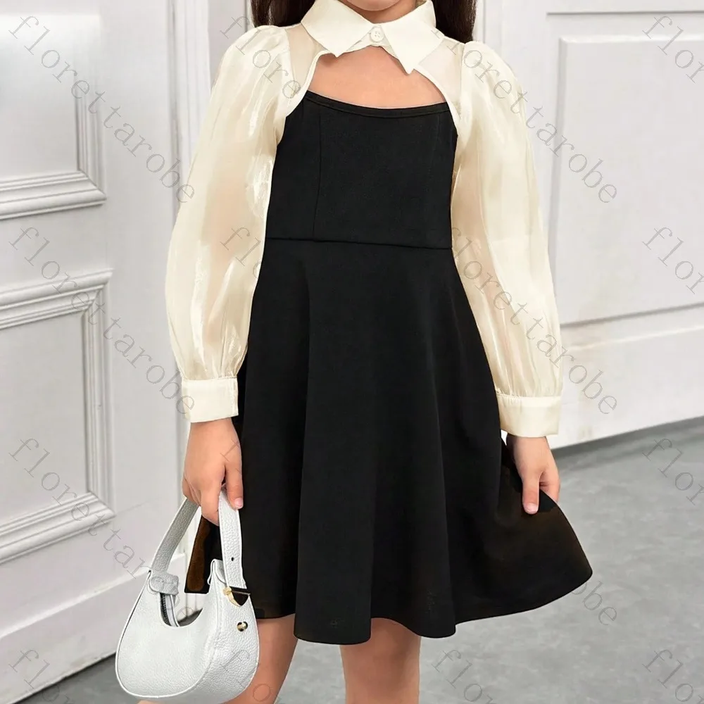 Customized Black White Spliced Flower Girl Dress Midi A Line Collar Long Puff Sleeve Chiffon Overlay Wedding Kids Party Gown