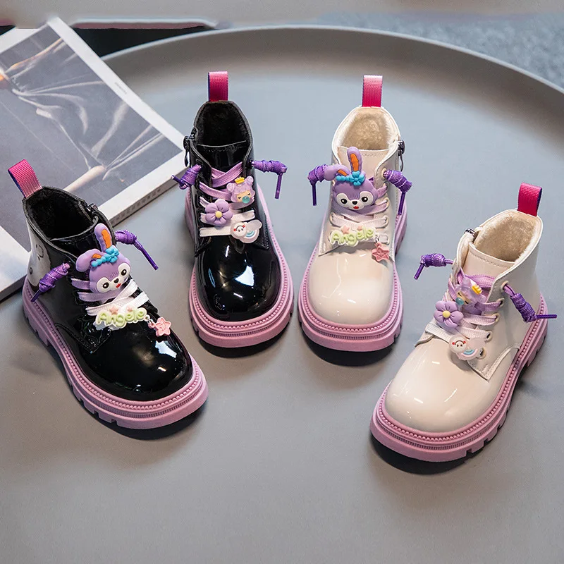 Fashion Children Shoes Girls Boots Cartoon Kids Casual Sneaker Black Pink Leather Tennis Cute Boots for Girl Free Shipping