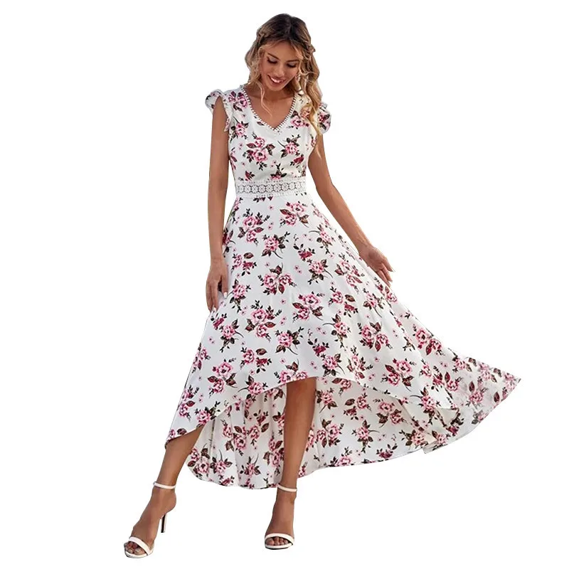 Fashion Casual Women Little Floral Print Dress Lace Collar Irregular Waist Wooden Ear Edge Dress Female Elegant Dress On sale