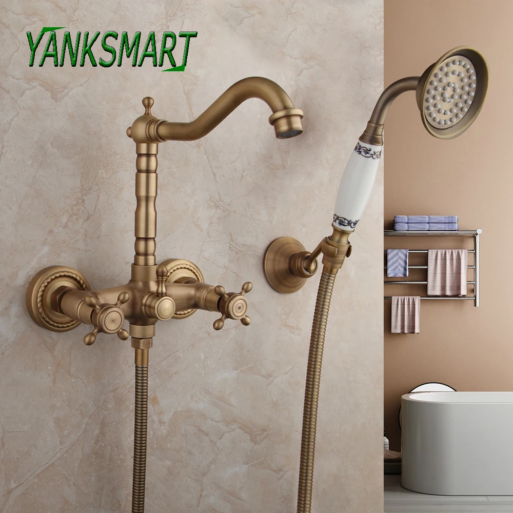 

YANKSMART Antique Brass Faucet Basin Sink Wall Mounted Bathtub Shower Faucet Dual Handles Dual Control Hot & Cold Mixer Tap