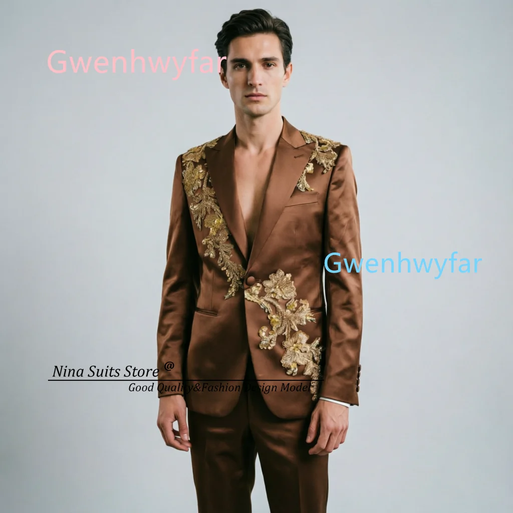 Nina Store Bright Satin Suit Brown with Champage Appliques Men's Cocktail Party Tuxedos, 2-piece set including Jacket Pants