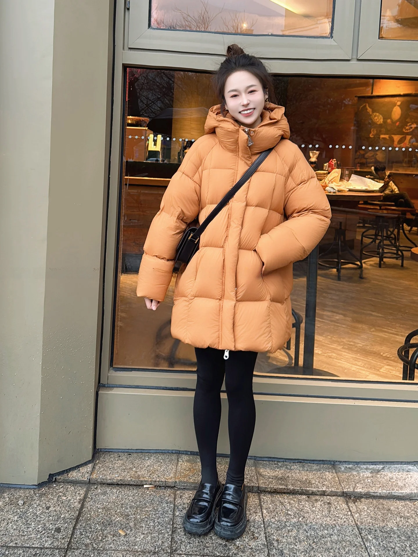 

Korean Sle Women's Puffer Jaet Small Size Hooded Stand Collar 90 White Du down Winter Coat Long Length Outerwear