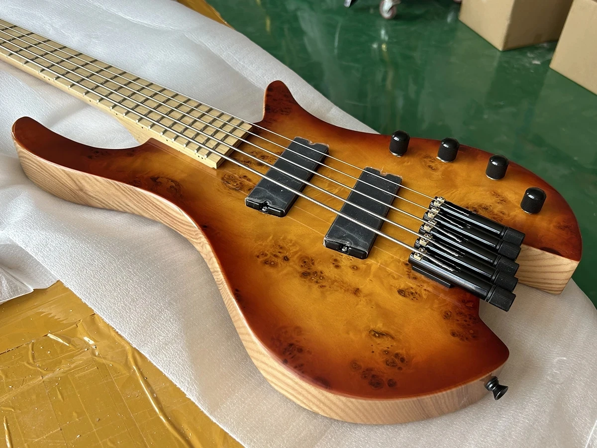 High Quality Headless Fanned Frets 5 Strings  Bass Guitar 24 Frets Maple Neck Burl Maple Veneer Factory Customizable