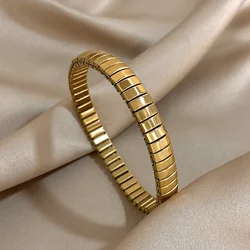 Vintage Two Tone Stainless Steel Elastic Bracelet for Women Men Glossy Smooth Adjustable Watchband Bracelets Waterproof Jewelry