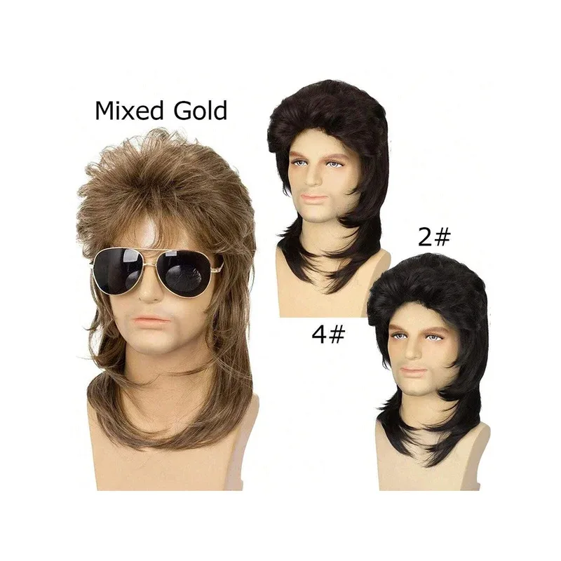 

Wig Synthetic Curly Hair Blonde Wigs Mullet 80S Rocker For Men Machine Made Long Heat Resistant Costume Halloween Disco Party Da
