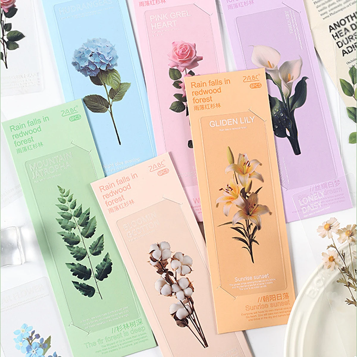 Marcapáginas de la serie de flores para libros, marcador de página de libro de PVC, papelería bonita, útiles escolares para estudiantes, marcas decorativas para libros, 6 uds.