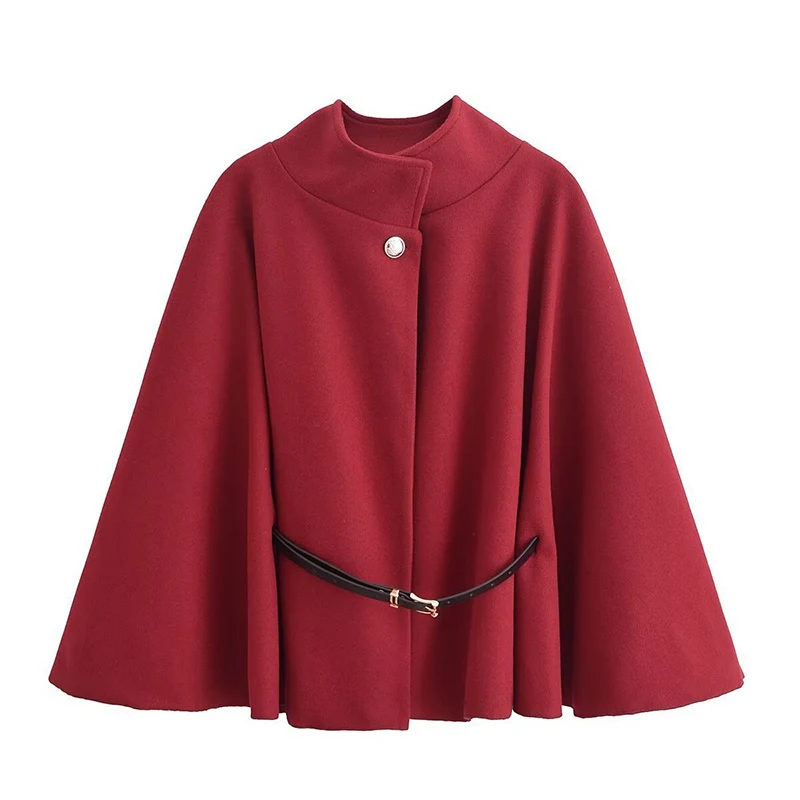 Women's Spring Fashion Cloak with Belt Simple Batwing Sleeves Adjustable Waist Strap Elegant Coat for Ladies