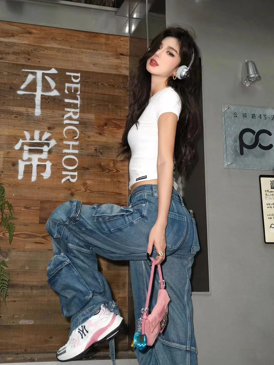 ReddaChic Women Cargo Pcokets Distressed Baggy Jeans Pintuck Label High Waist Adjustable Wide Leg Pants Hiphop Vintage Clothes