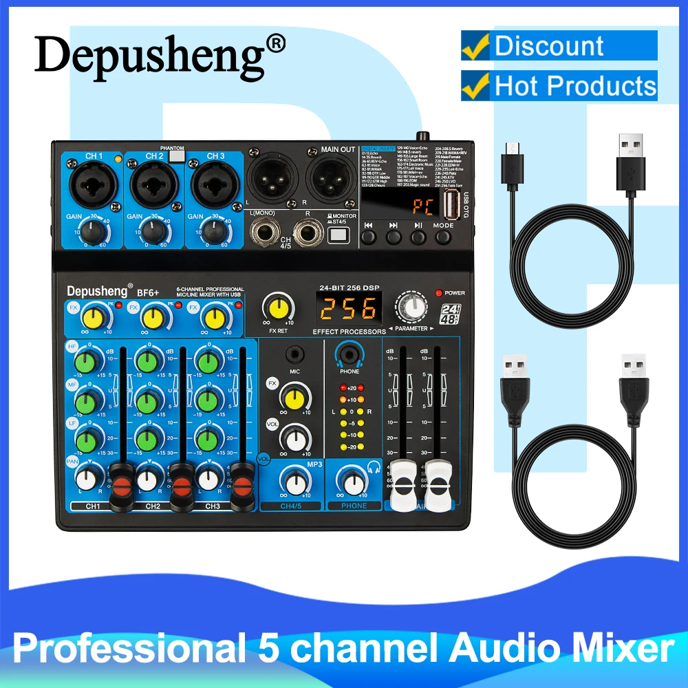 5 Channel USB Mixer Depusheng  DJ Sound Controller Mini Mixer Professional Audio Portable Sound Mixing Console with 256 DSP