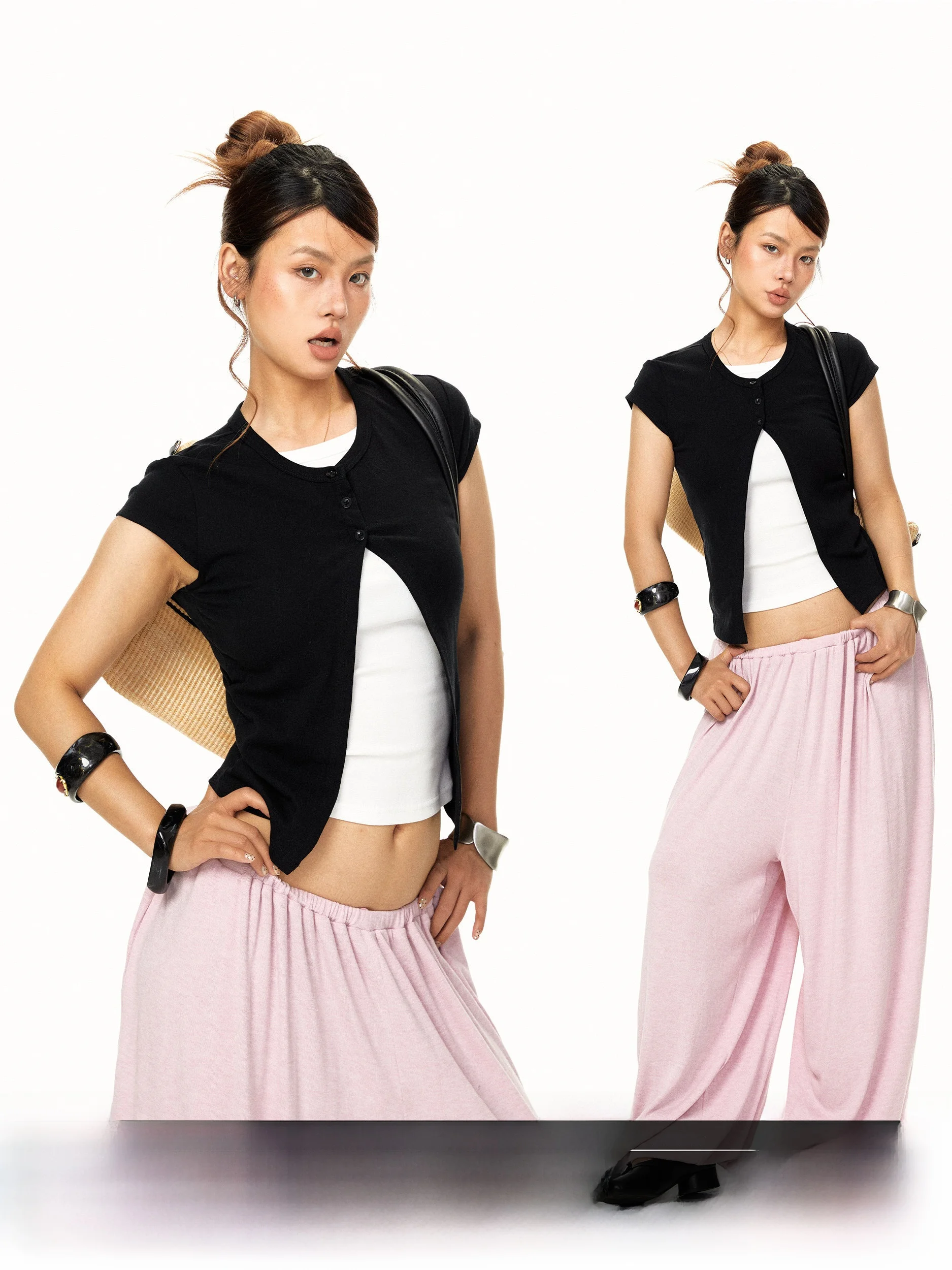 American Style Short Sleeve round Neck T-Shirt Women's Slim Fit Short Length Top Black round Shoulder False Two-Piece Design
