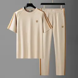 The New Summer Men's Suit, Silky Short-sleeved Casual Sports Suit, High-end Embroidered Webbing Men's Two-piece Suit