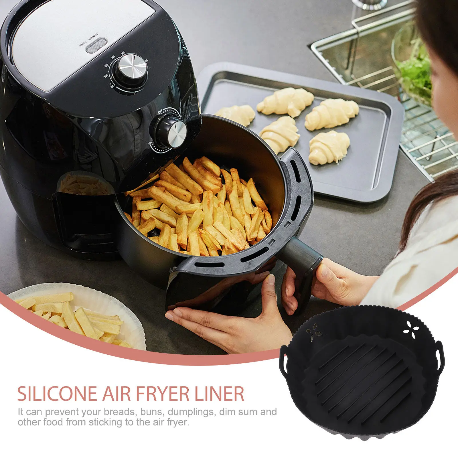 Forro de Silicone Antiaderente para Fritadeira a Ar, Reutilizável, Resistente ao Calor, Tapete para Cozinhar e Assar, Lavável na Máquina de Lavar Louç