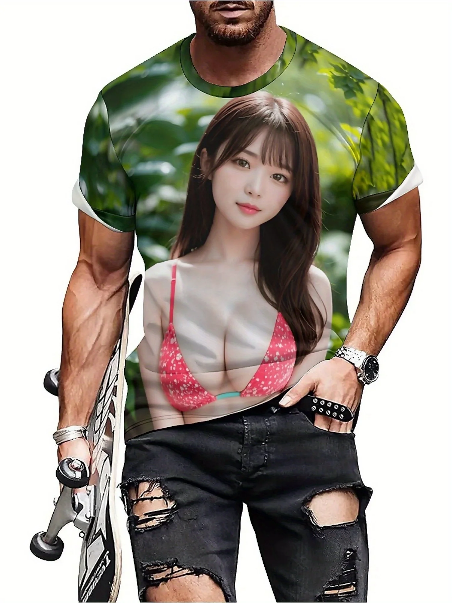 Camiseta masculina com estampa digital 3D – Design asiático sexy estilo rock, folha verde e padrão de biquíni vermelho, manga curta