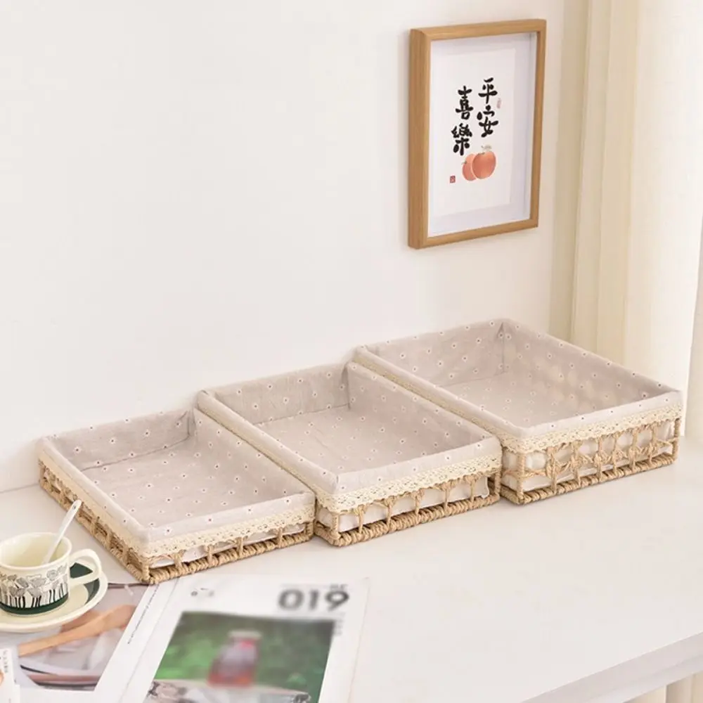 Cesta de almacenamiento rectangular de paja tejida a mano, estilo bohemio calado, bandeja organizadora de cosméticos para escritorio