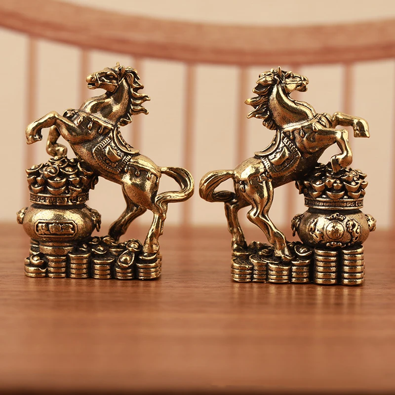 Feng Shui Zodiac Horse Brass Figurine Decor; Miniature Horse Statue Ornament for Home and Office; Unique Brass Craft Gift Item