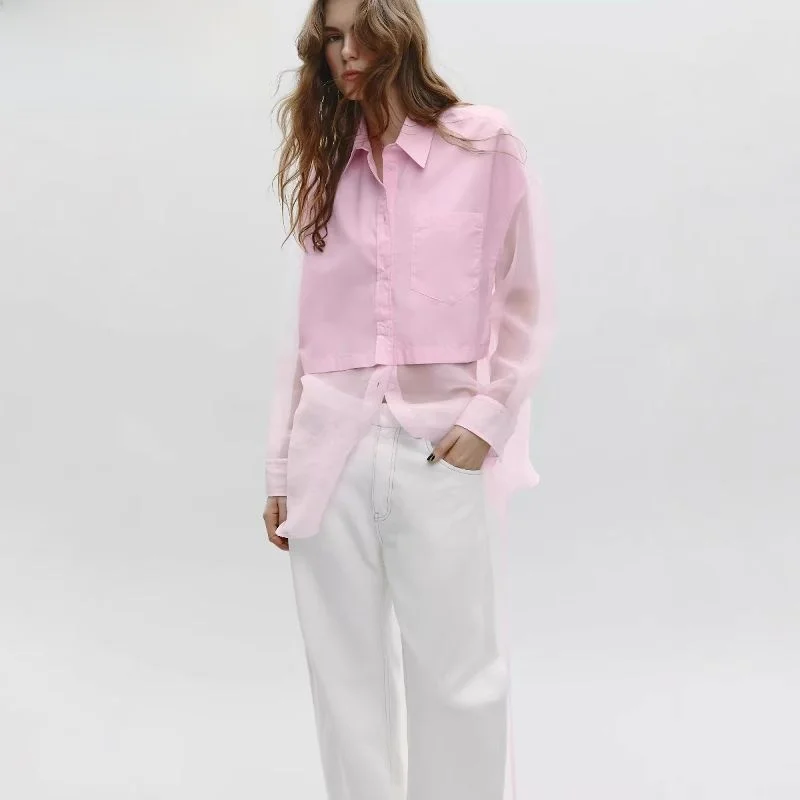 

Spring New Arrival Loose Fit Transparent Hard Lace Collar irt Women's Faion Commute Sle Long Sve Ne Single Bu...