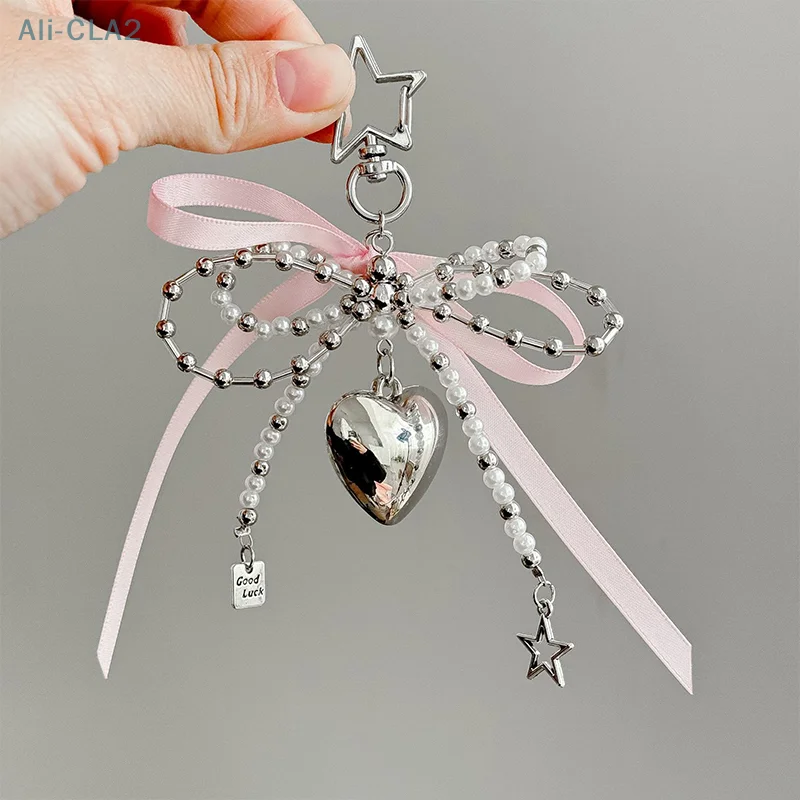 Ins Style Pearl Bowknot Key Chain Silver Heart Phone Pendant Headphone Case Charm Bag Decor Car Key Ring