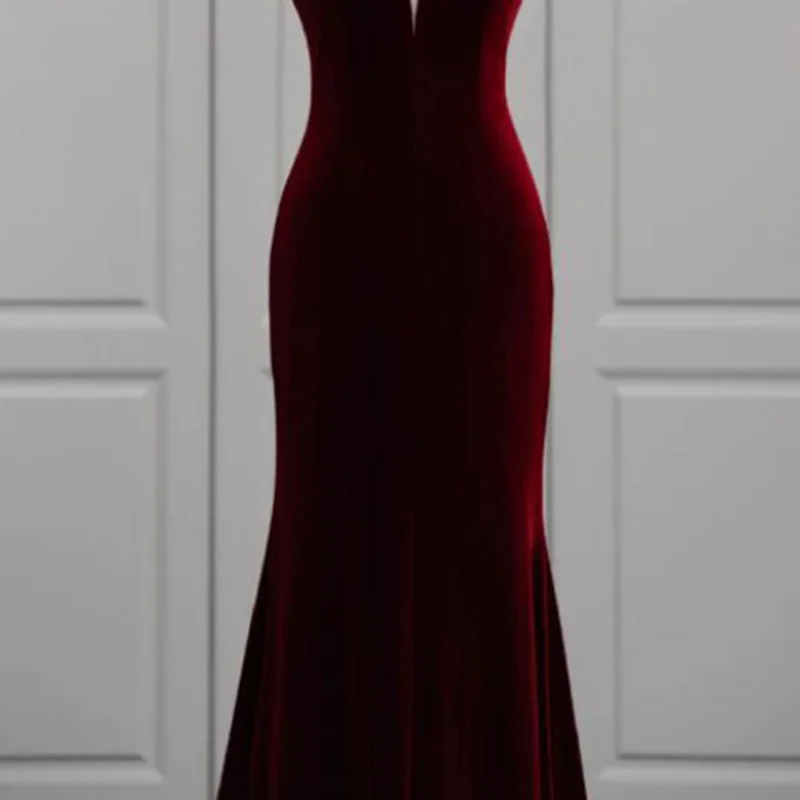 Evening Dress Halter Sleeveless Zipper Back Floor-Length Burgundy Mermaid Elegant Velour New Party Formal Dresses Woman B2750