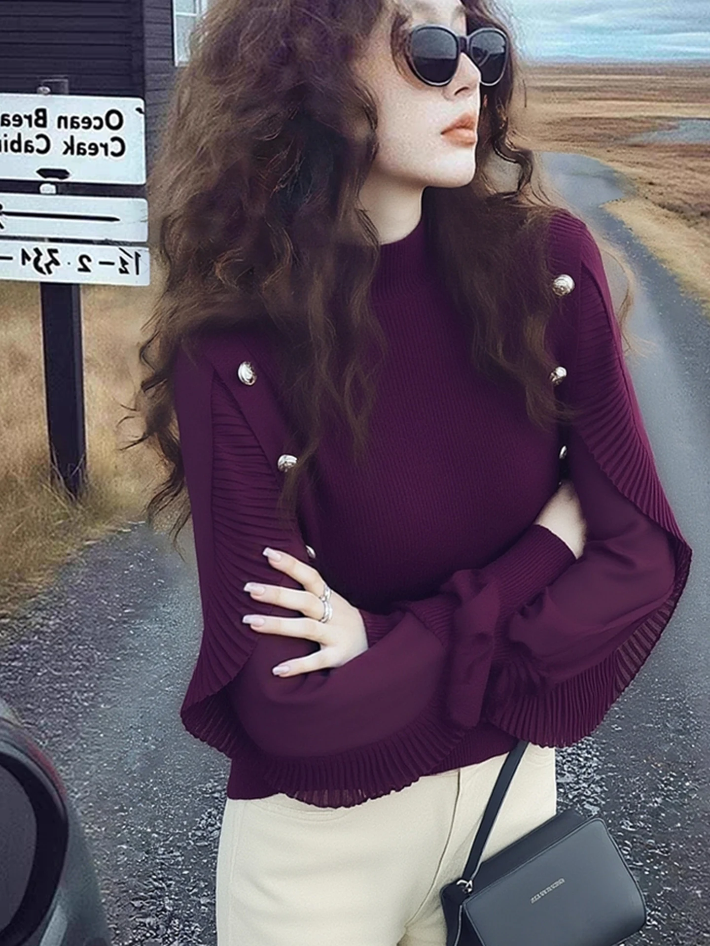 Faionable camisola de malha feminina botão decorado camada base irt outono inverno longo sve redondo ne ajuste regular malhas