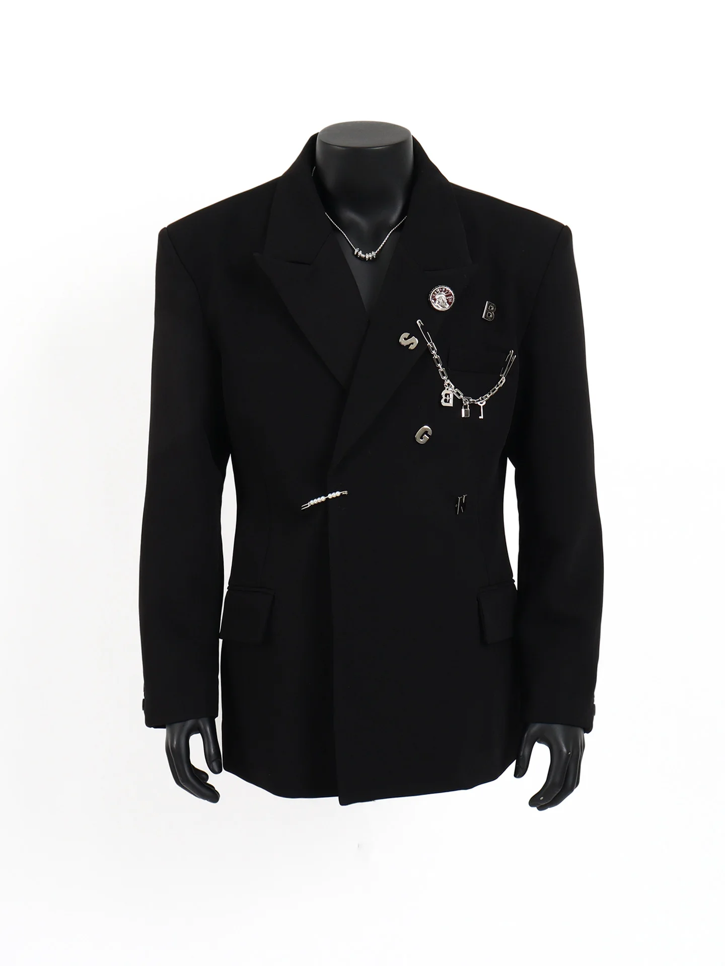 

Bla Design oulder Pad Men's Suit Jaet Luxury Waist Cinched Metal Silhouette Casual Sli Long Sve Youth Faion