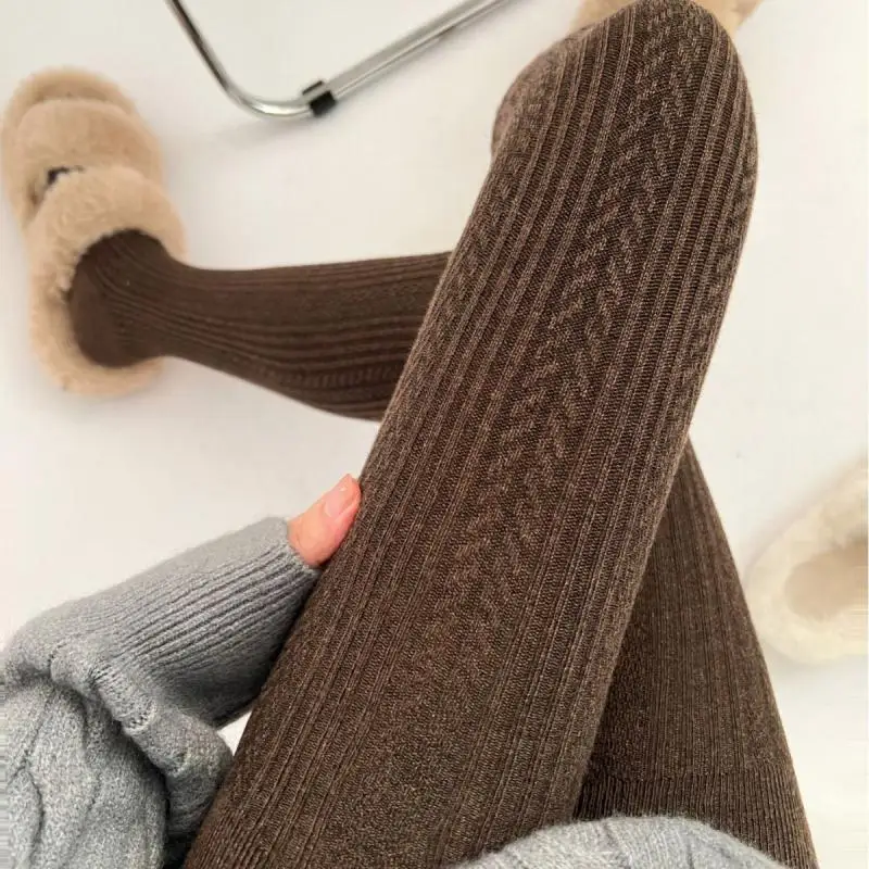 Women Wool Winter Fleece Pantyhose High Quality Base Vintage Knitted Jacquard Blended Tights Japanese Style Right Angle Wheat