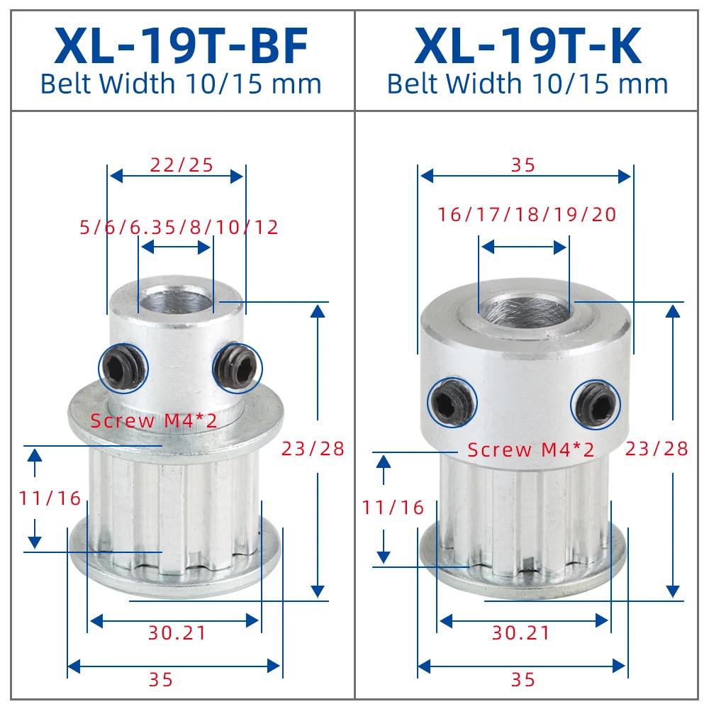 XL19T 20T Alloy Pulley Trapezoidal Tooth Teeth Pitch 5.08mm Pulley Wheel Bore 6/8/10/12/14/15/16/17 mm  For Belt Width 10/15 mm