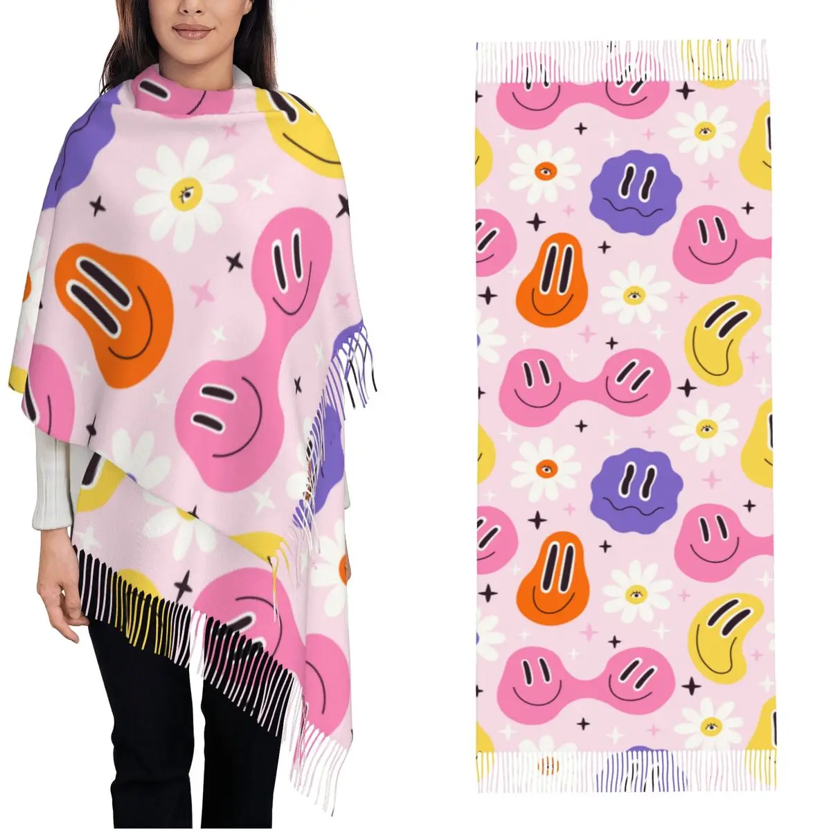 Trippy Melted Face Meme And Flowers Shawl Wraps Womens Warm Large Long Scarf Pashminas Shawl Scarves