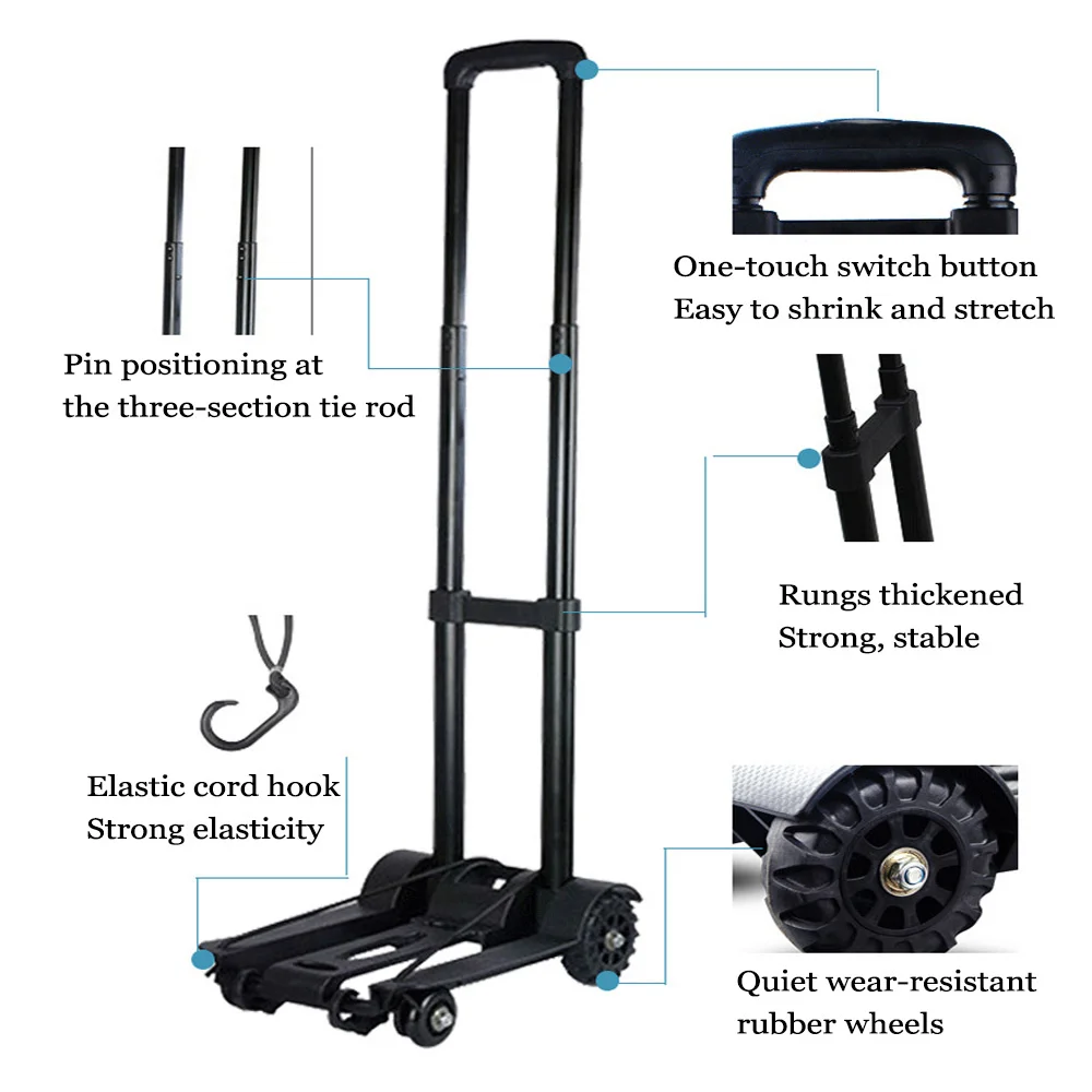 Black 4-Round Folding Hand Truck Lightweight Portable Telescopic Small Cart Dolly Backpack Luggage for Travel And Shopping