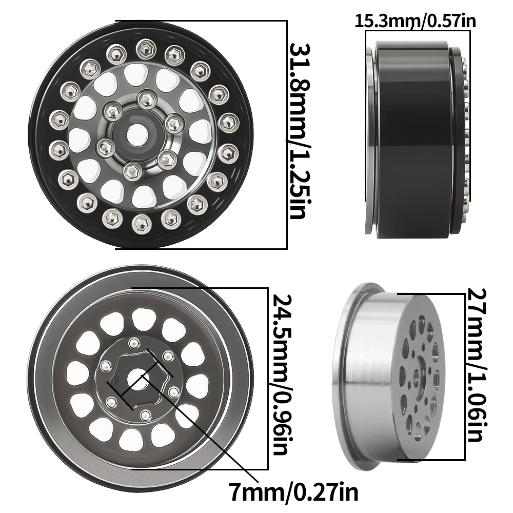 BDX RC1.1/1.0 Inch Beadlock Wheel Rim Hub For TRX4M Axial SCX24 AX24 FMS FCX24 1/18 1/24 RC Crawler Car