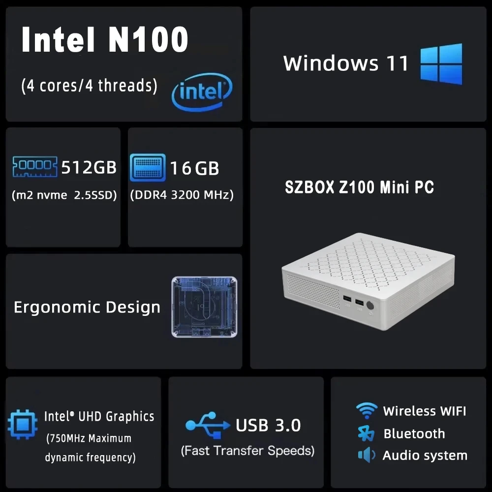 SZBOX Z100 ألدر ليك N100 كمبيوتر صغير ويندوز 11 برو DDR4 3200 ميجا هرتز M.2 2280 SSD WIFI BT HD سطح المكتب مكتب كمبيوتر صغير كمبيوتر ألعاب #2