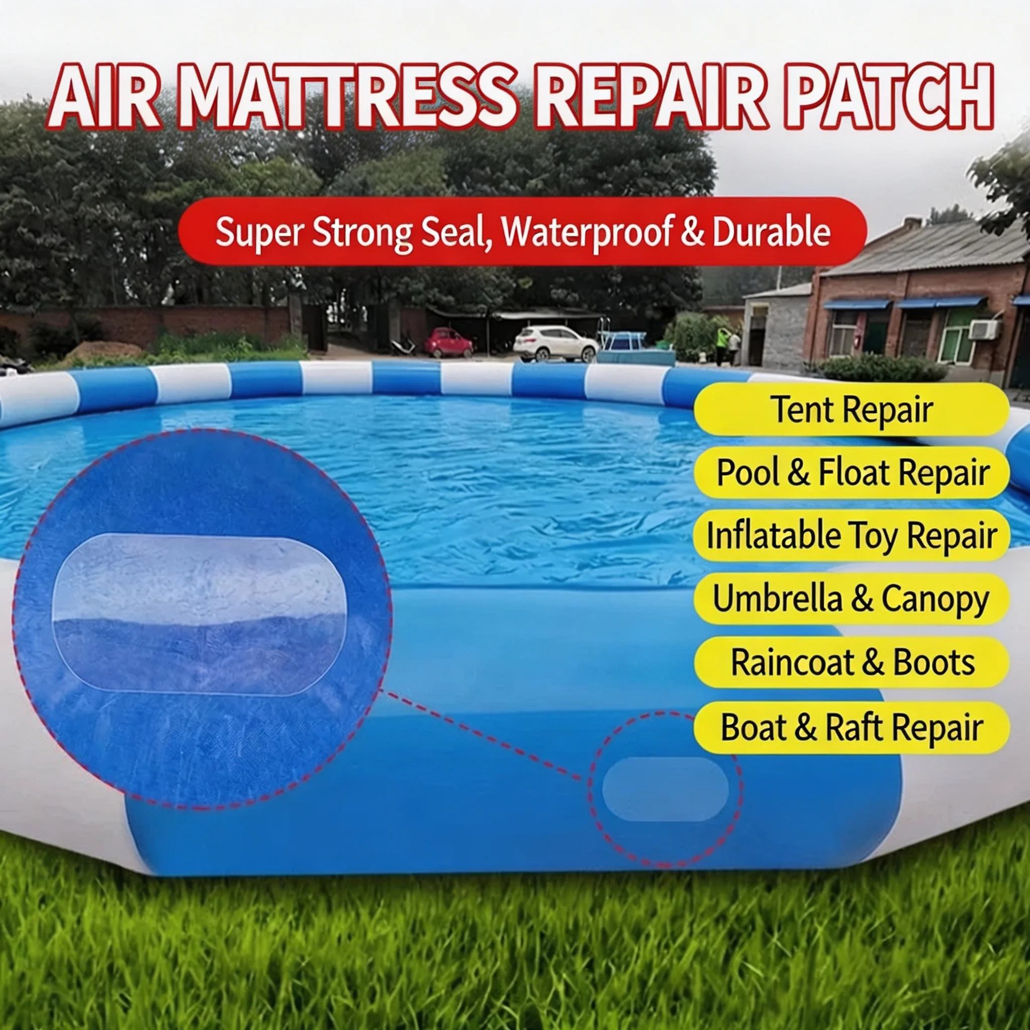 Heavy-Duty Self-Adhesive Repair Patches for Inflatable Swimming Pools & Air Mattresses, Waterproof Strong Glue Leak Seal Patch f