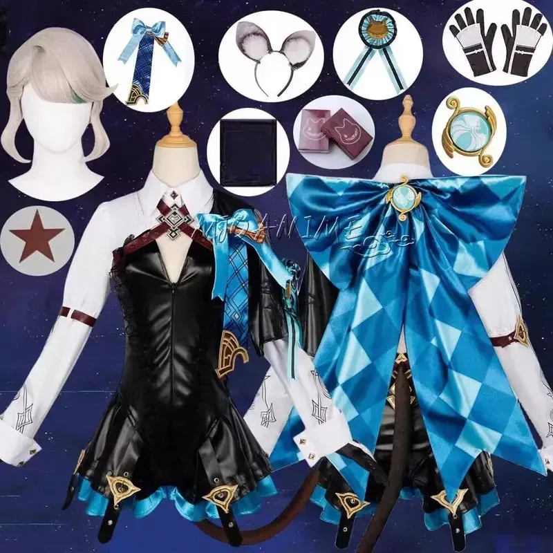 

Genshin Impact Lynette Cosplay Costume Wig Fontaine Lyney Leather Uniform Dress Long Hair Ears Skirt Glove Outfit Tail Magician