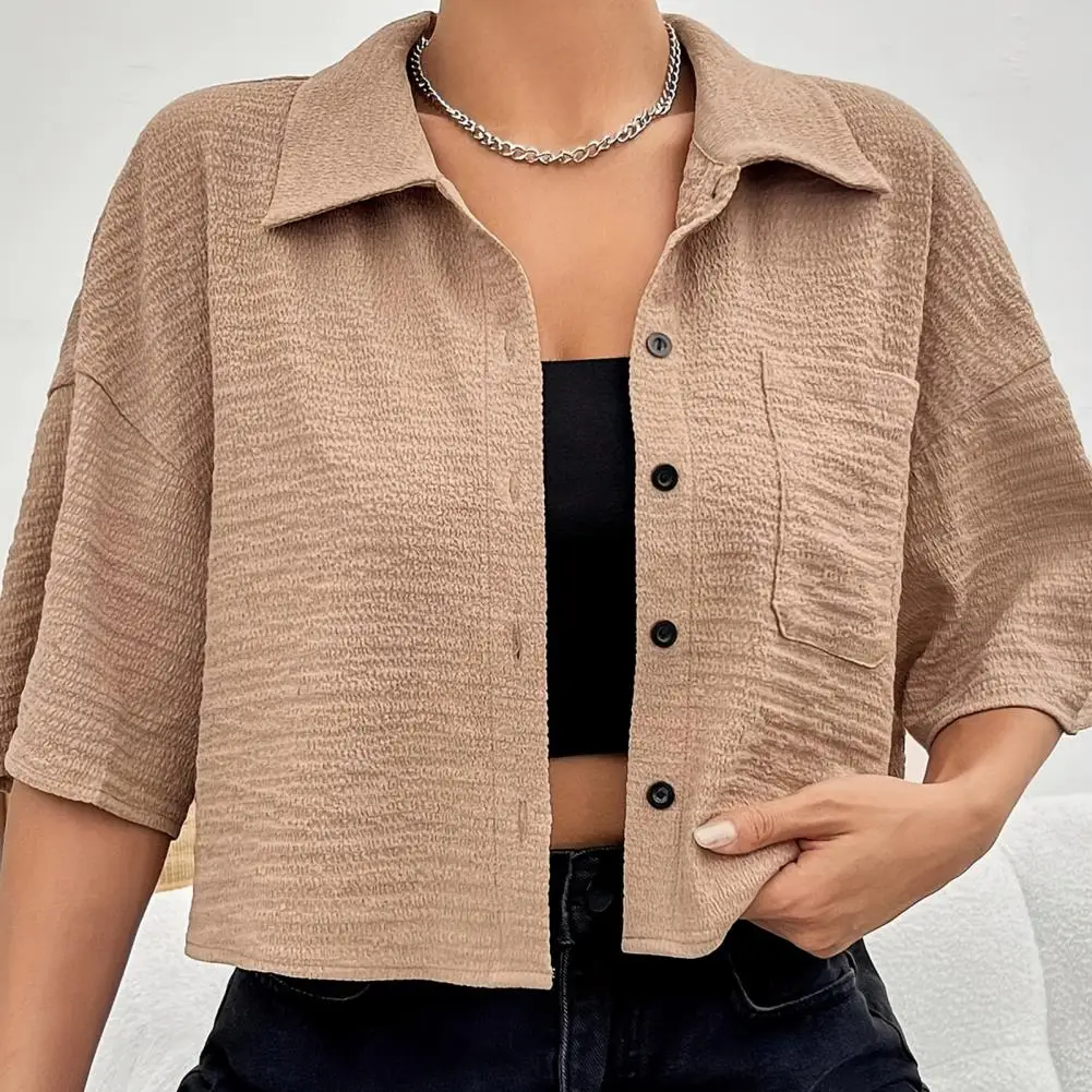 

Pocket Detail Shirt Women’s Shirt Tops with Lapel or Stand Collar Half Sleeve Single Breasted Blouses Short Style Wear