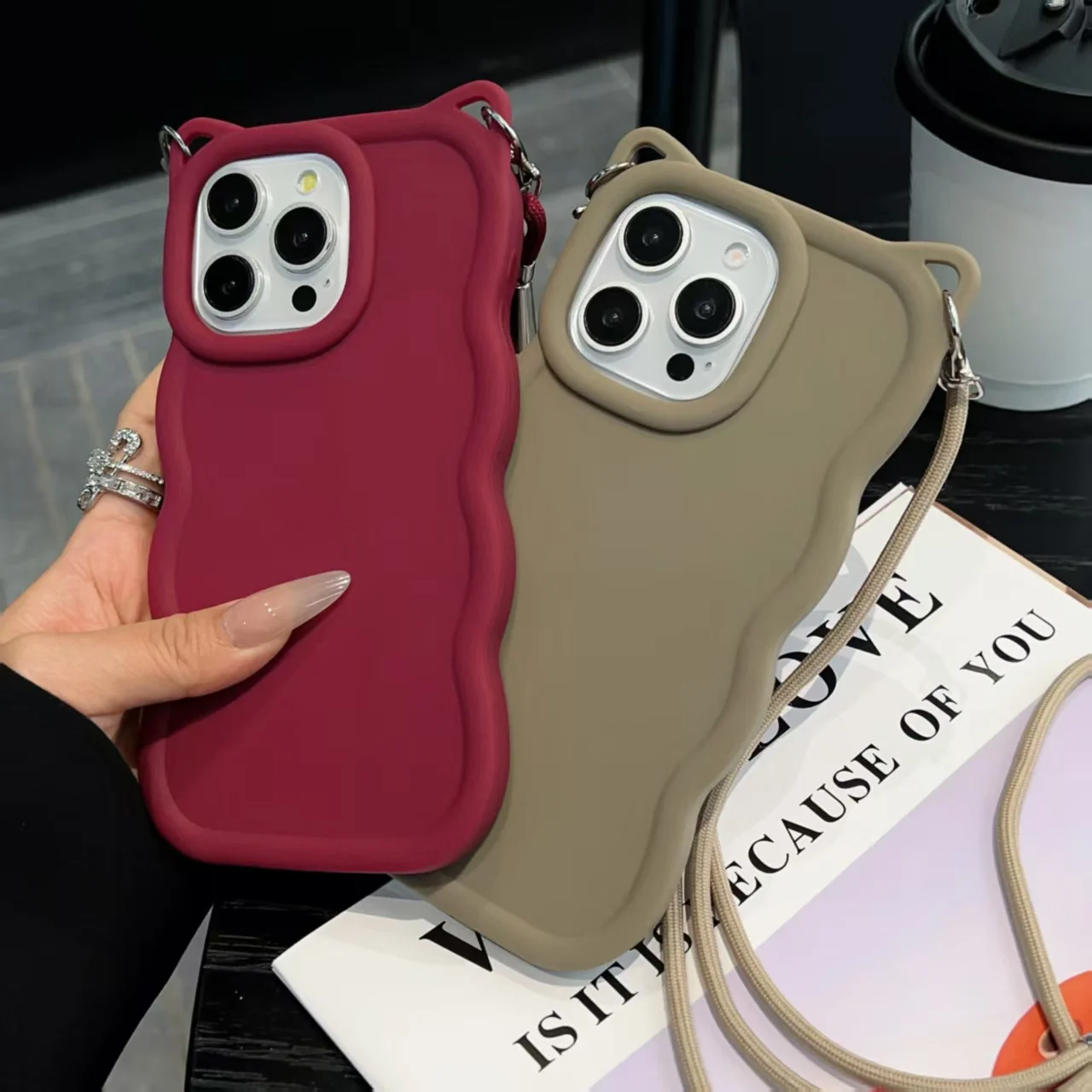 For Samsung Galaxy A57 A37 A55 A07 A17 A37 A57 A06 A16 A26 A36 A56 A05S A05 A15 3D Cat Ear crossbody Strap Waves Phone Cover
