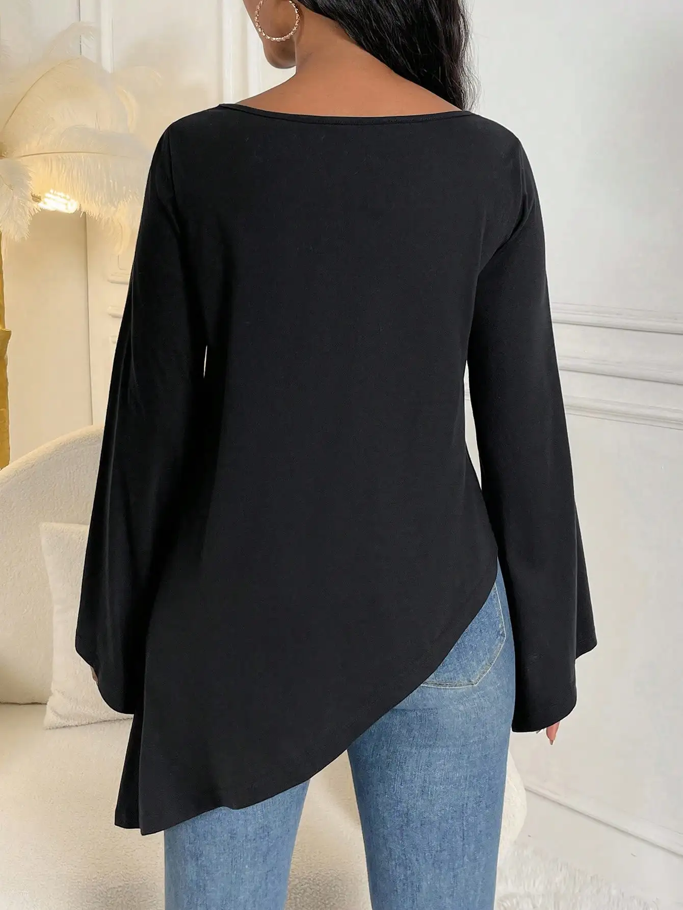 2024 new flared sleeve solid color leisure versatile V -neck fashion T -shirt women