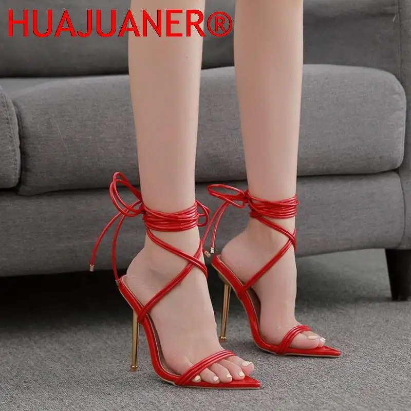 2023 New Style Summer Women Pointed Sandals Plated High Heels Ladies Sandals Open Toe Shoes Girl's Cross Strap Sandals Red Shiny